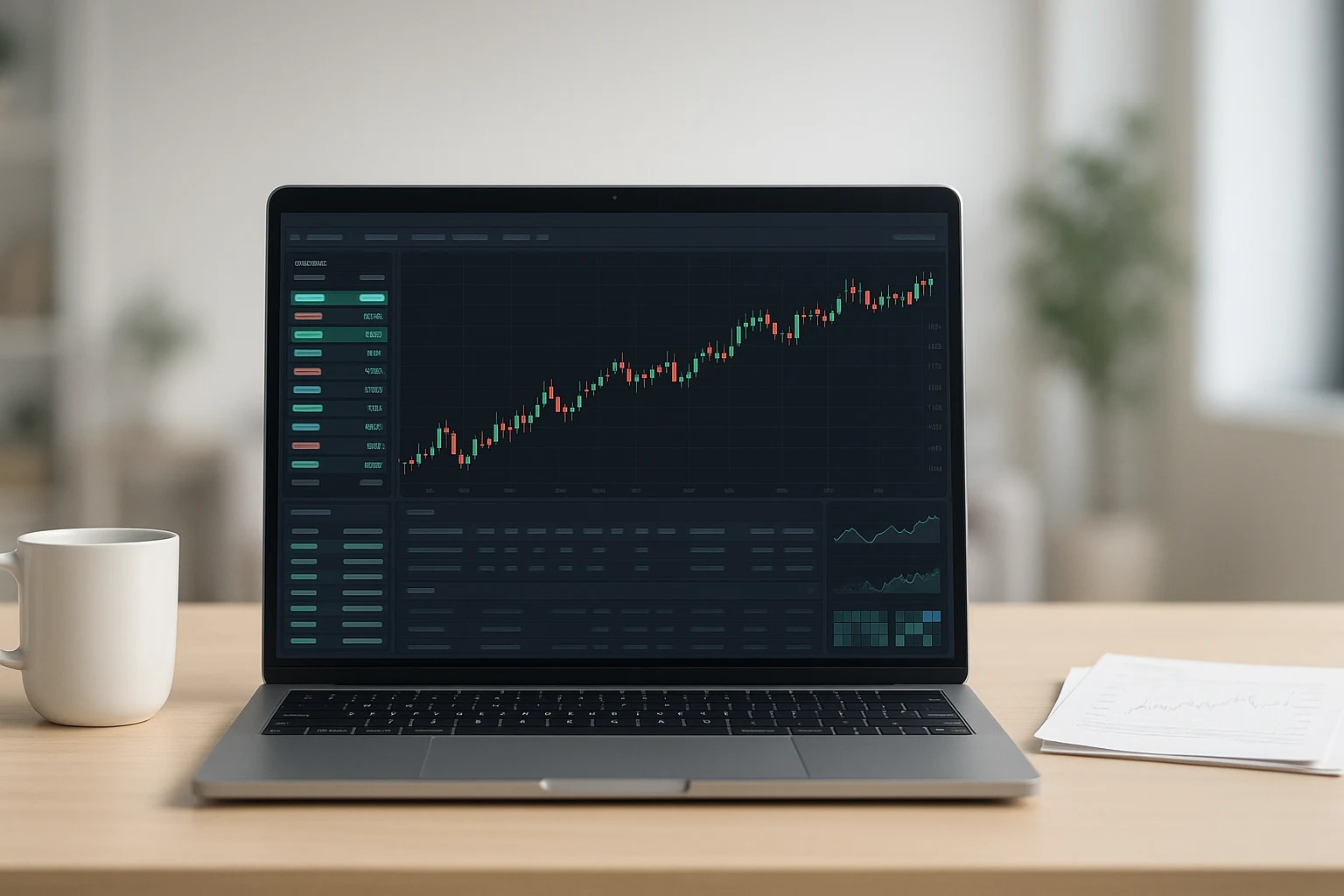 Clean MooMoo-style trading dashboard on a laptop with stock charts and watchlists in a bright home office setting.