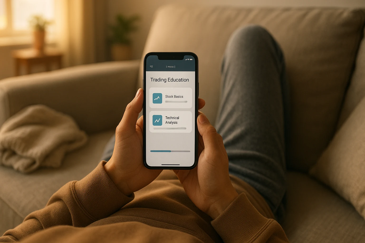 Beginner investor learning from trading app lessons on a phone while relaxing on a couch with soft light.