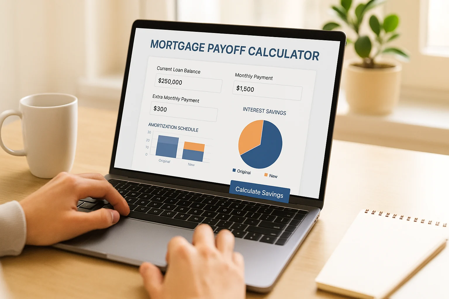 Mortgage payoff calculator with extra payments interface on a laptop