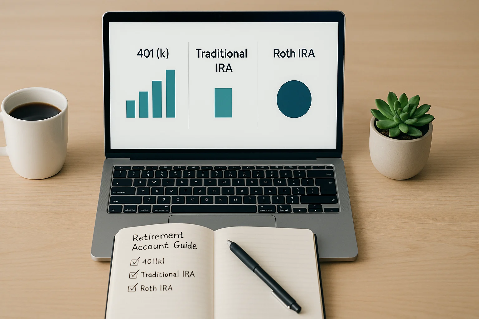 Person checking a retirement account guide on a laptop, comparing 401(k), IRA and Roth choices at a desk.