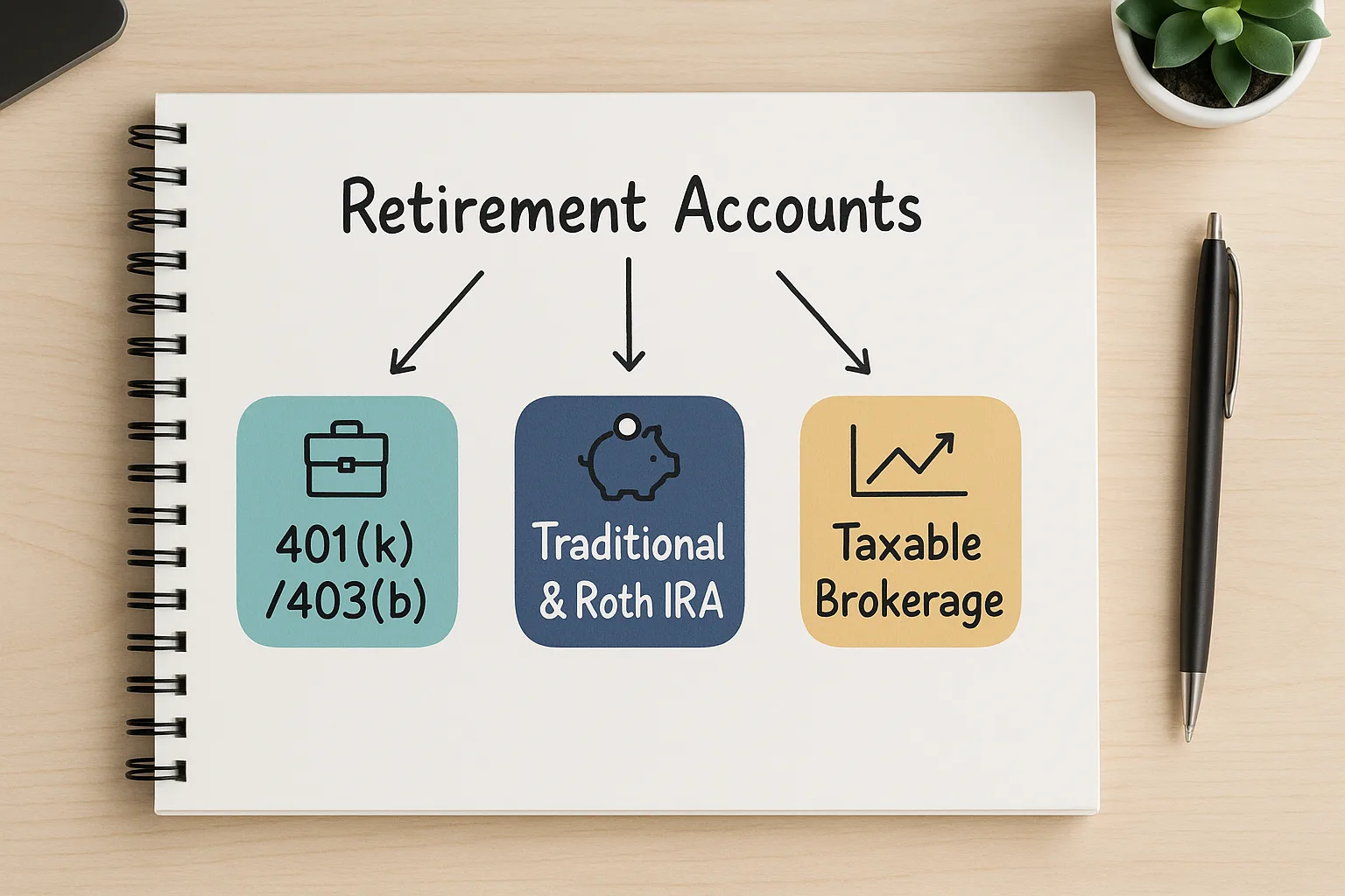 Simple diagram breaking down 401(k), IRA and taxable brokerage account options on a spiral notebook, with clean icons and arrows showing how they connect.