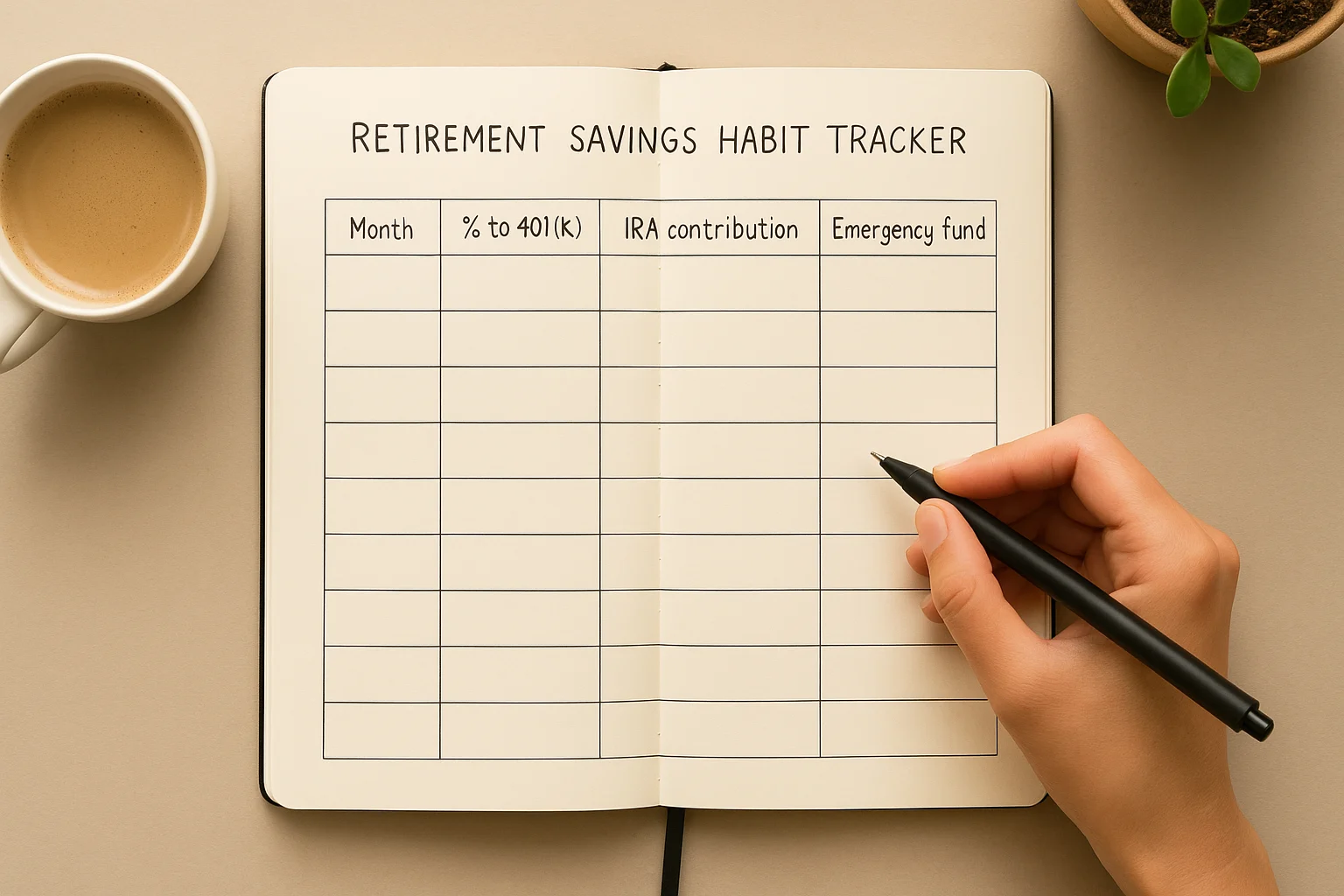 Person updating a clean retirement savings habit tracker in a notebook beside a warm coffee, soft neutral lighting and minimalist desk setup.