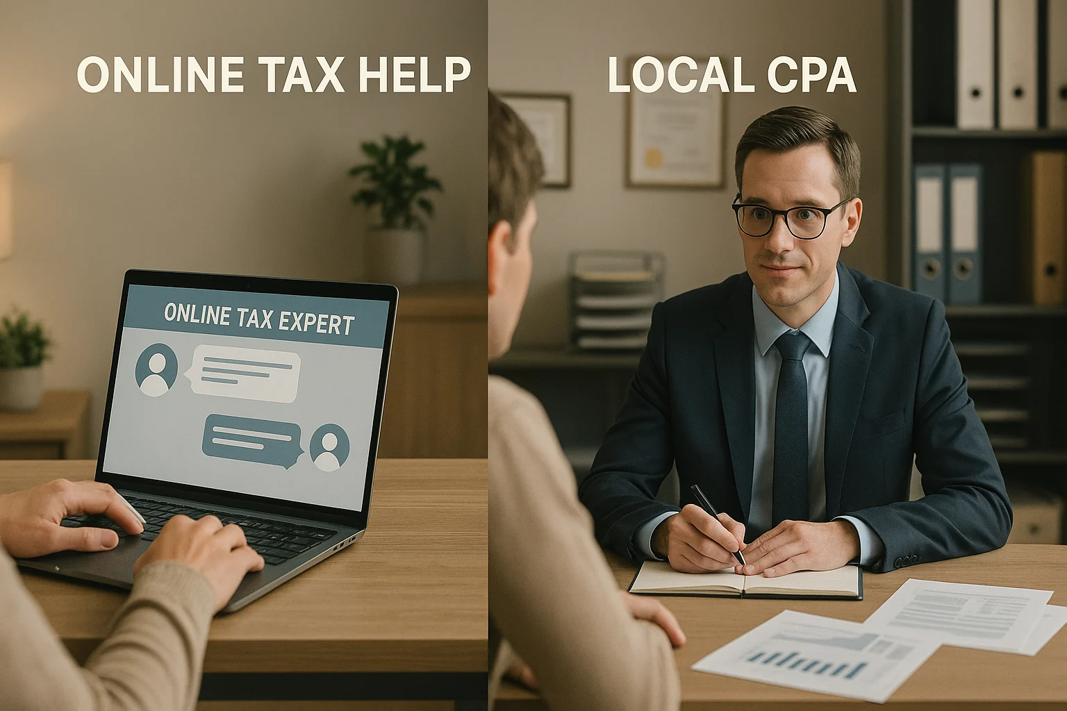split-screen view of online tax help on a laptop and a local CPA meeting at a desk, showing two options for tax help