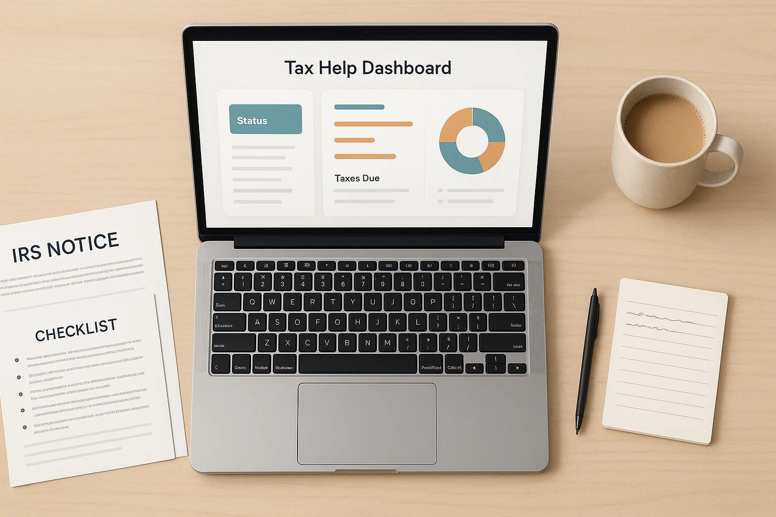 top-down laptop with a simple tax help dashboard, IRS notice, checklist, coffee cup and notepad on desk