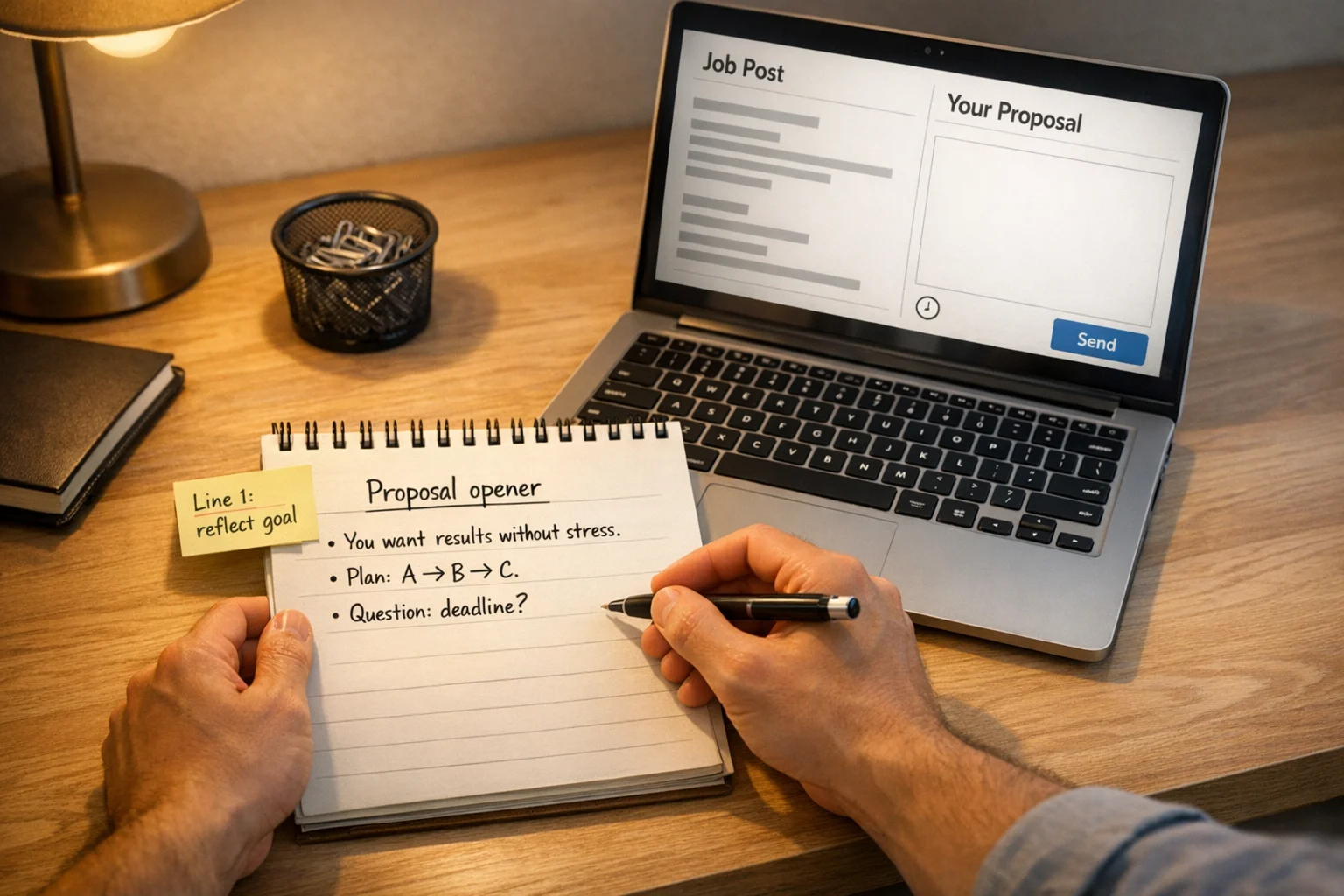 Freelancer drafting a short proposal opener on a notepad beside a laptop, warm desk light, minimal clean style