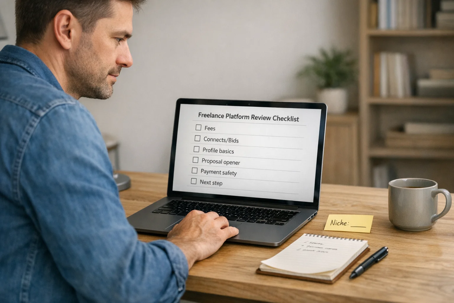 Freelancer reviewing an Upwork review checklist on a laptop, calm home office, clean modern layout and notes