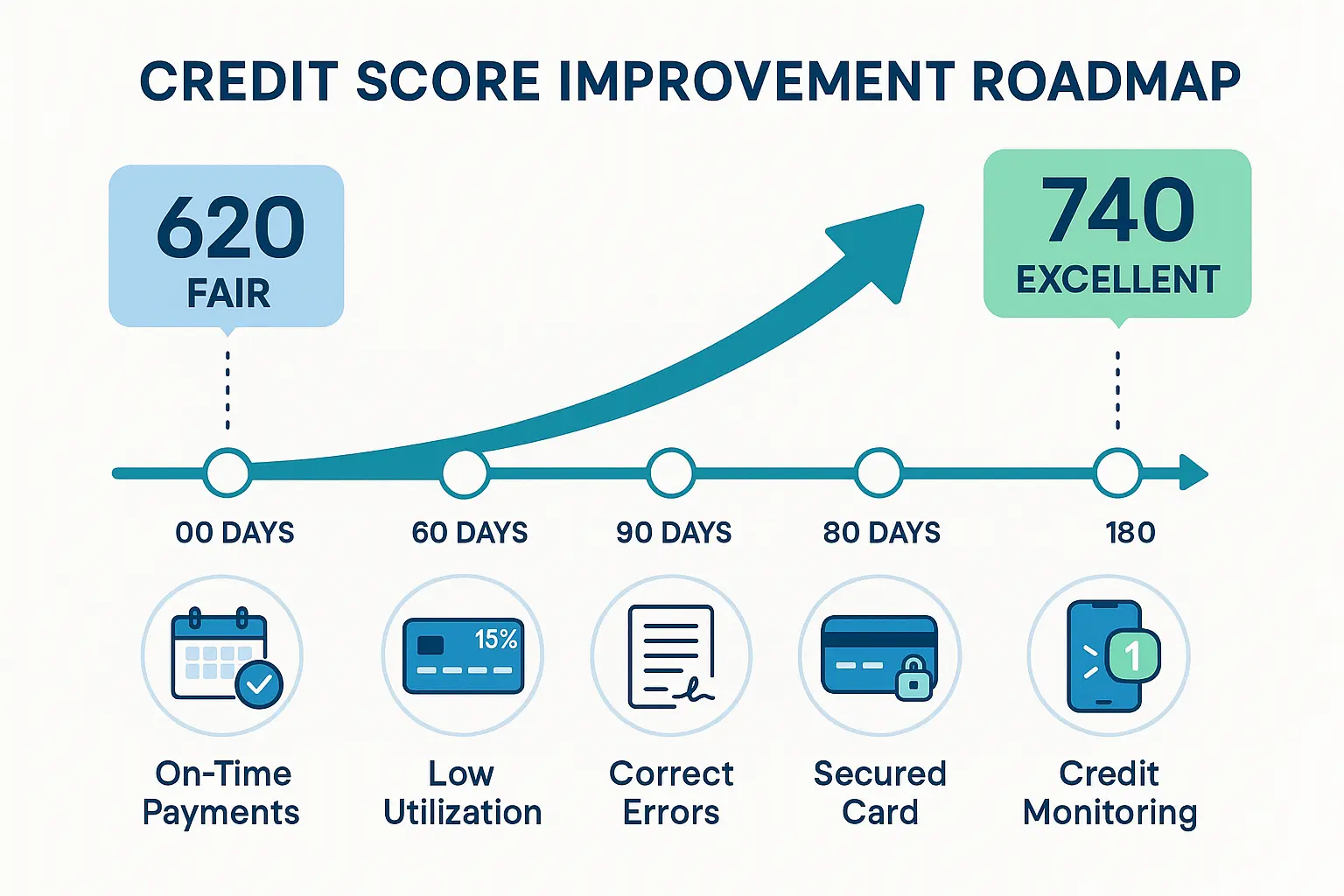 Credit score improvement roadmap illustration showing steps from fair credit to excellent credit with milestones like paying on time, lowering utilization, disputing errors and using a secured card consistently.