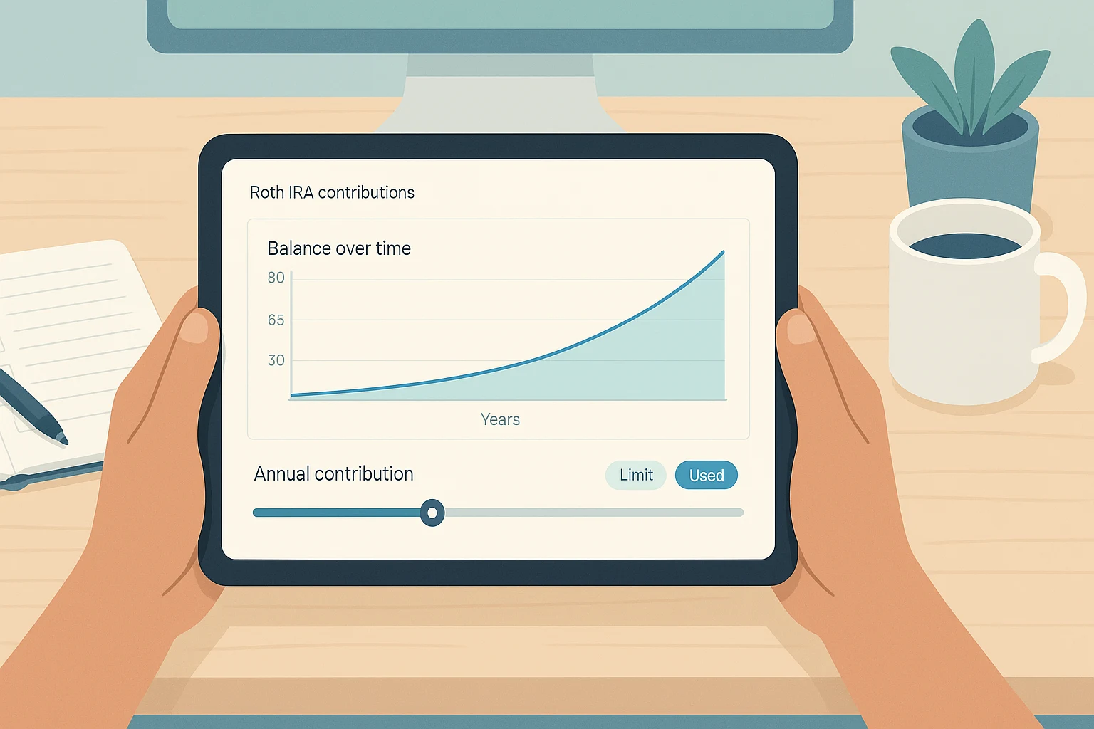 Hands holding a tablet with a simple Roth IRA contributions chart showing balances rising over time in a calm teal dashboard