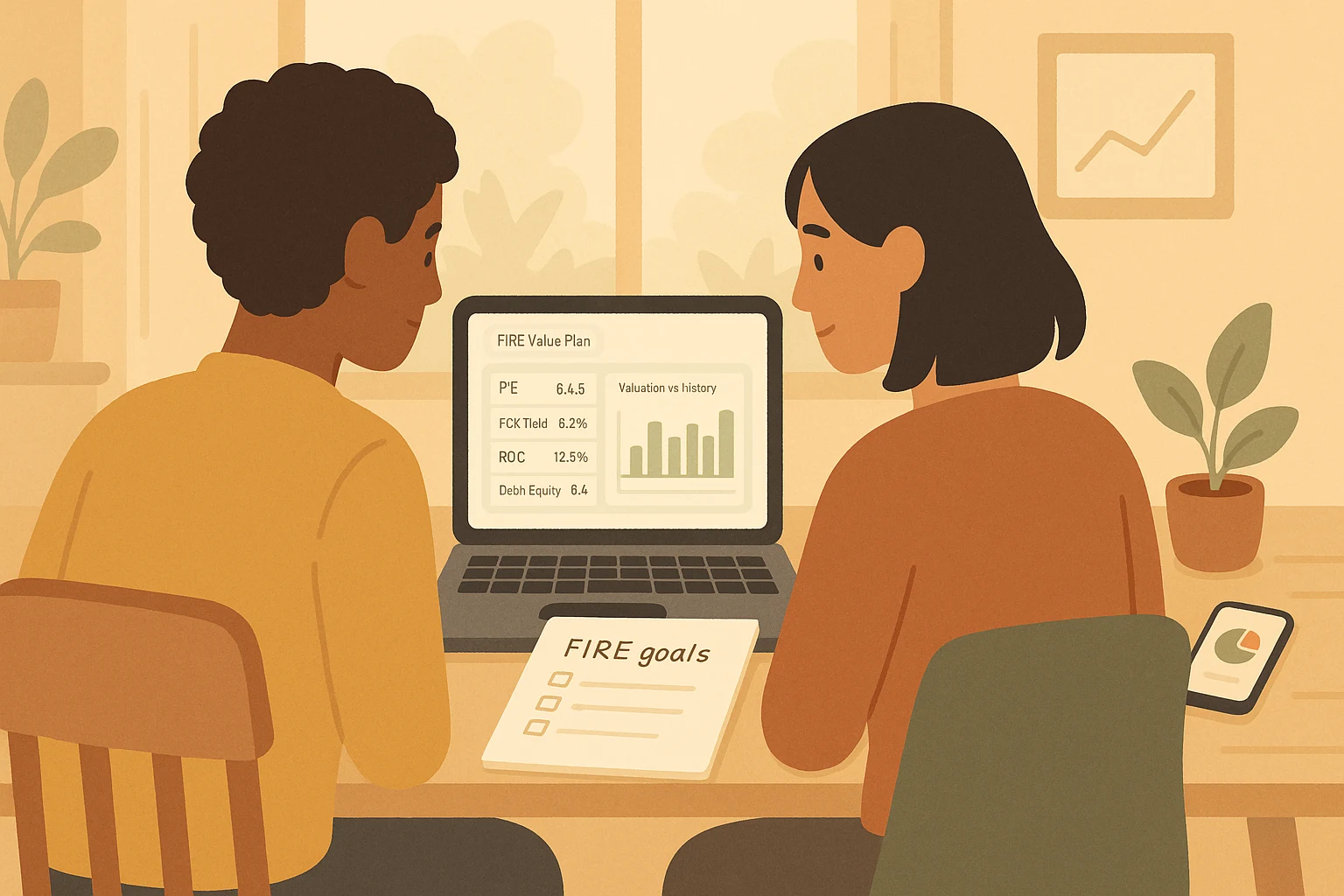 Couple reviewing a simple value investing plan and Roth IRA balances on a tablet in a cozy living room