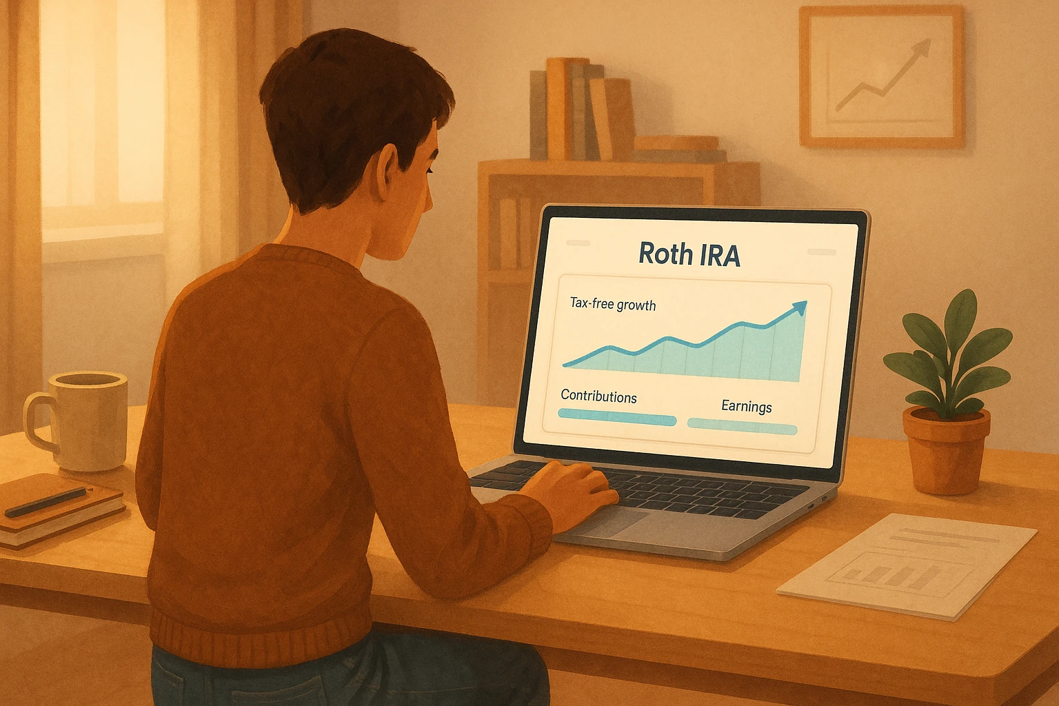 What is a Roth IRA guide on a laptop with a young investor reading in warm evening light