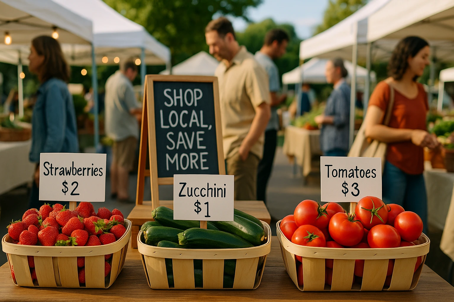 Seasonal produce at a farmers market in summer