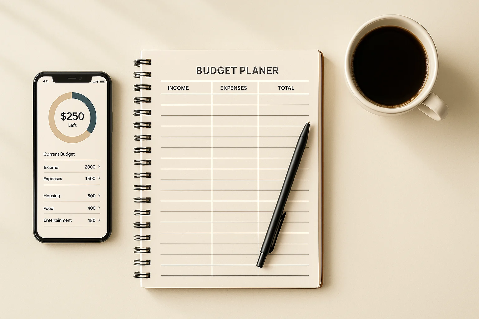 Frugal lifestyle tips beginners hero image showing budget planning