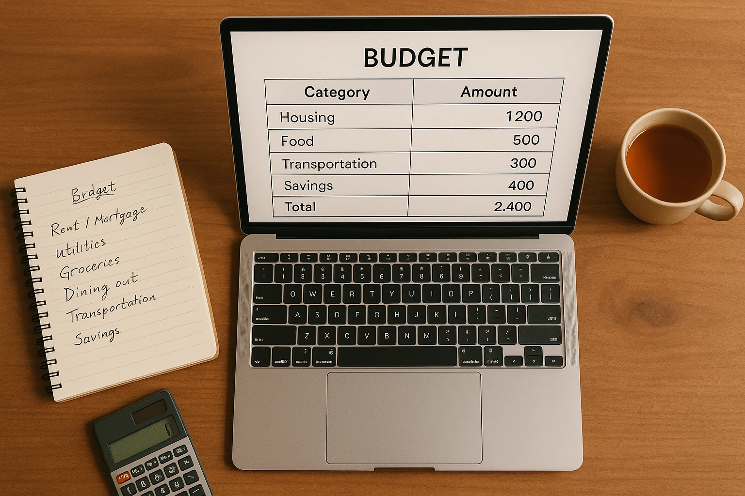 Laptop displaying a minimalist budget tracker for frugal living