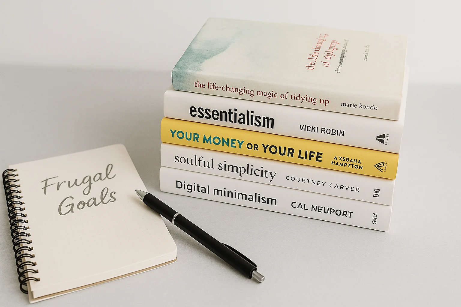 Stack of books inspiring frugal living minimalism