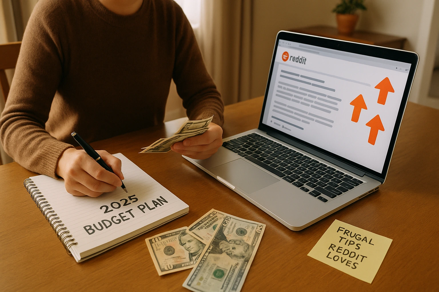 Person budgeting with frugal tips Reddit loves for 2025 savings