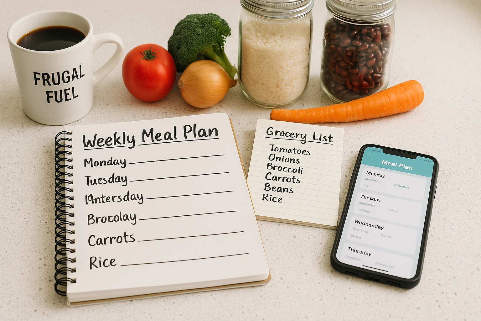 Meal planning setup showcasing frugal tips Reddit loves