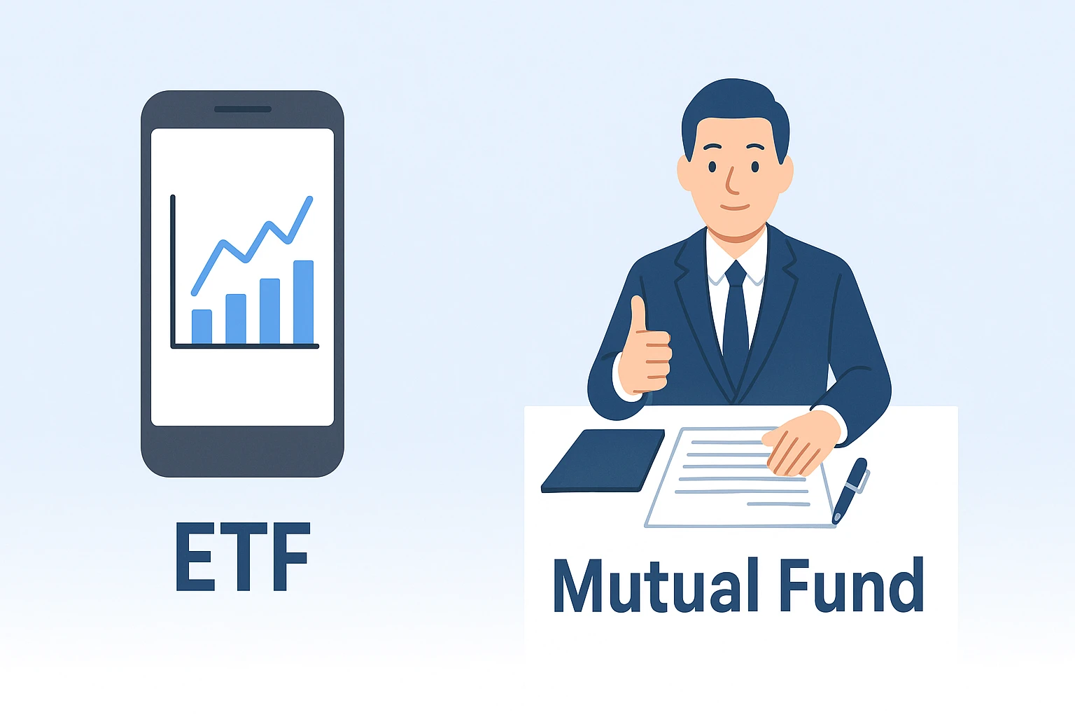A side-by-side chart compares etf vs mutual fund for retirement across fees and flexibility.