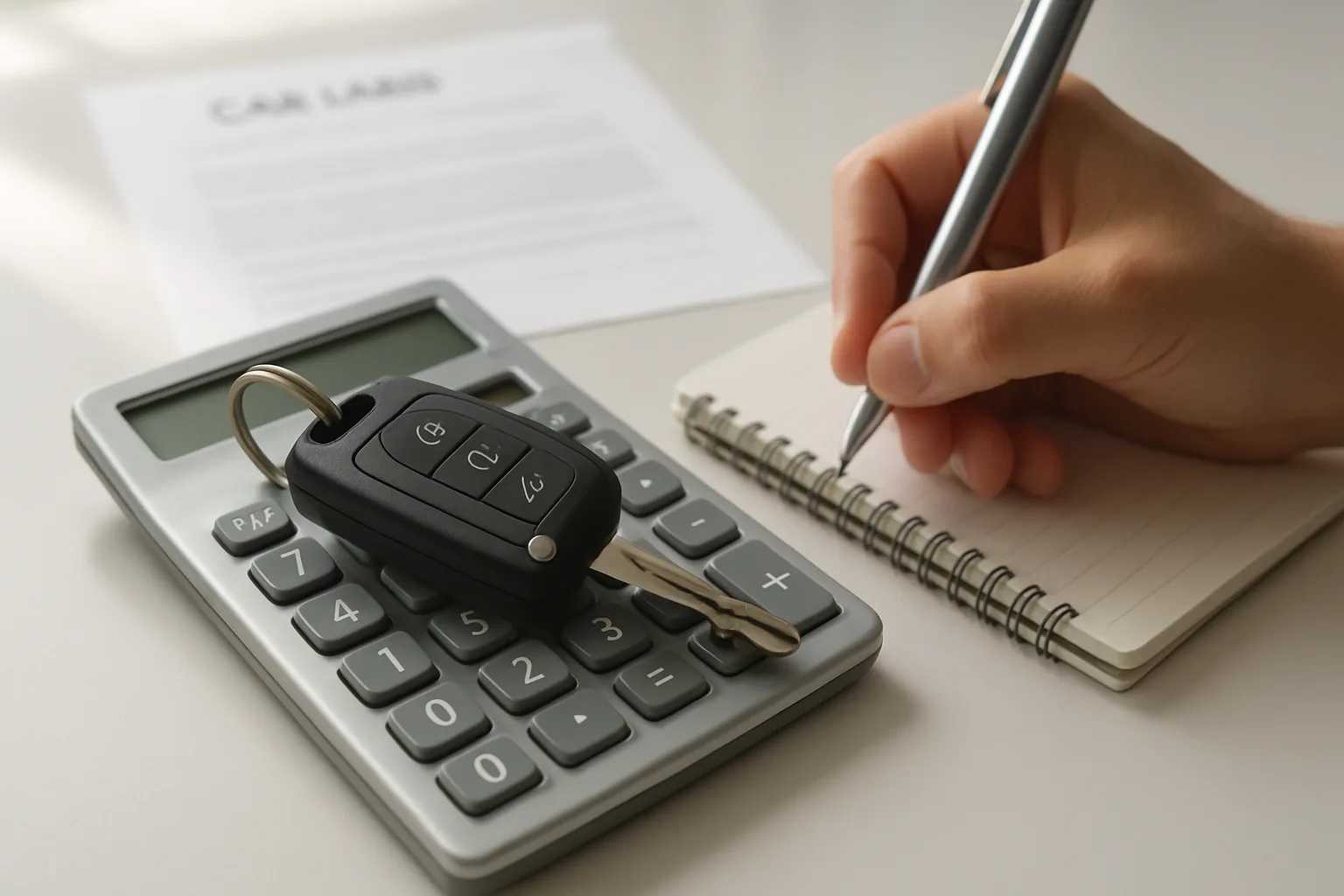 Car keys on a calculator representing auto payoff early calculator savings