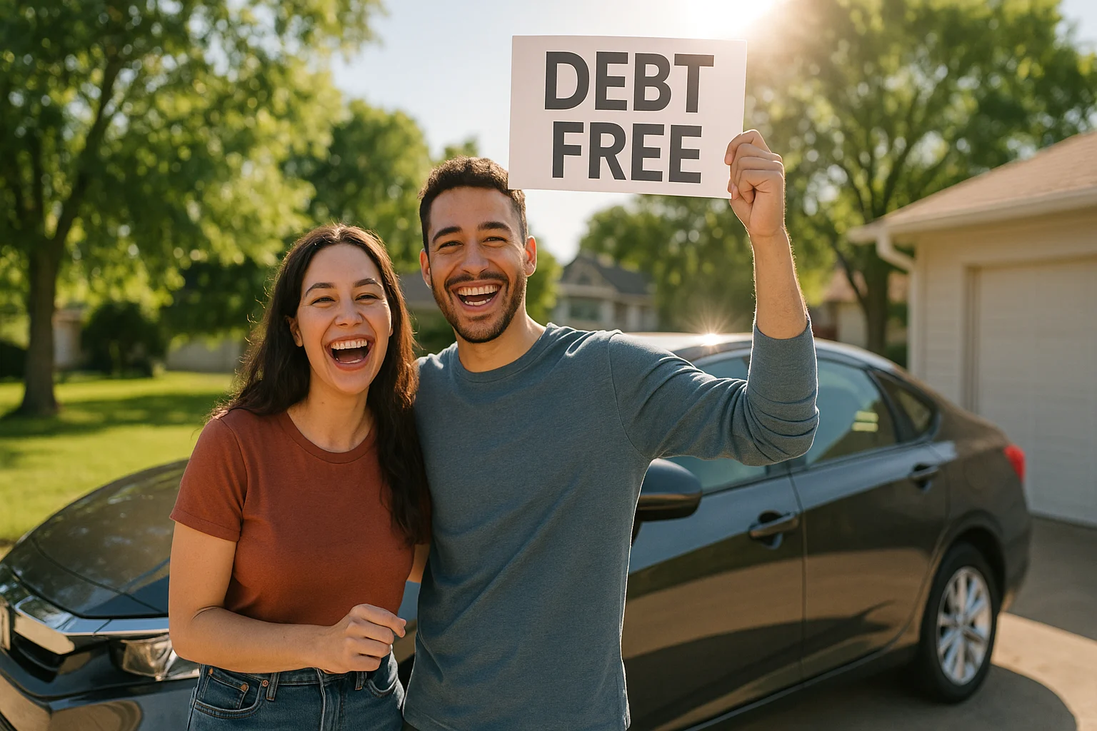 Person celebrating debt freedom with auto payoff early calculator