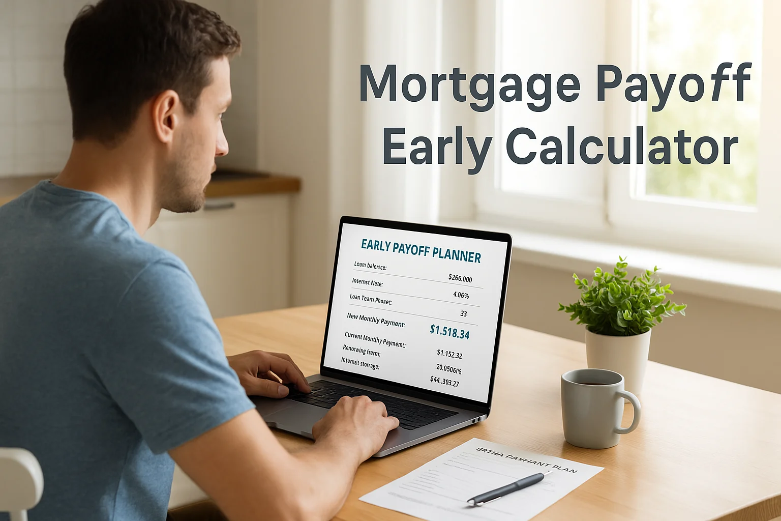 Homeowner using mortgage payoff early calculator with extra payments to plan debt-free future