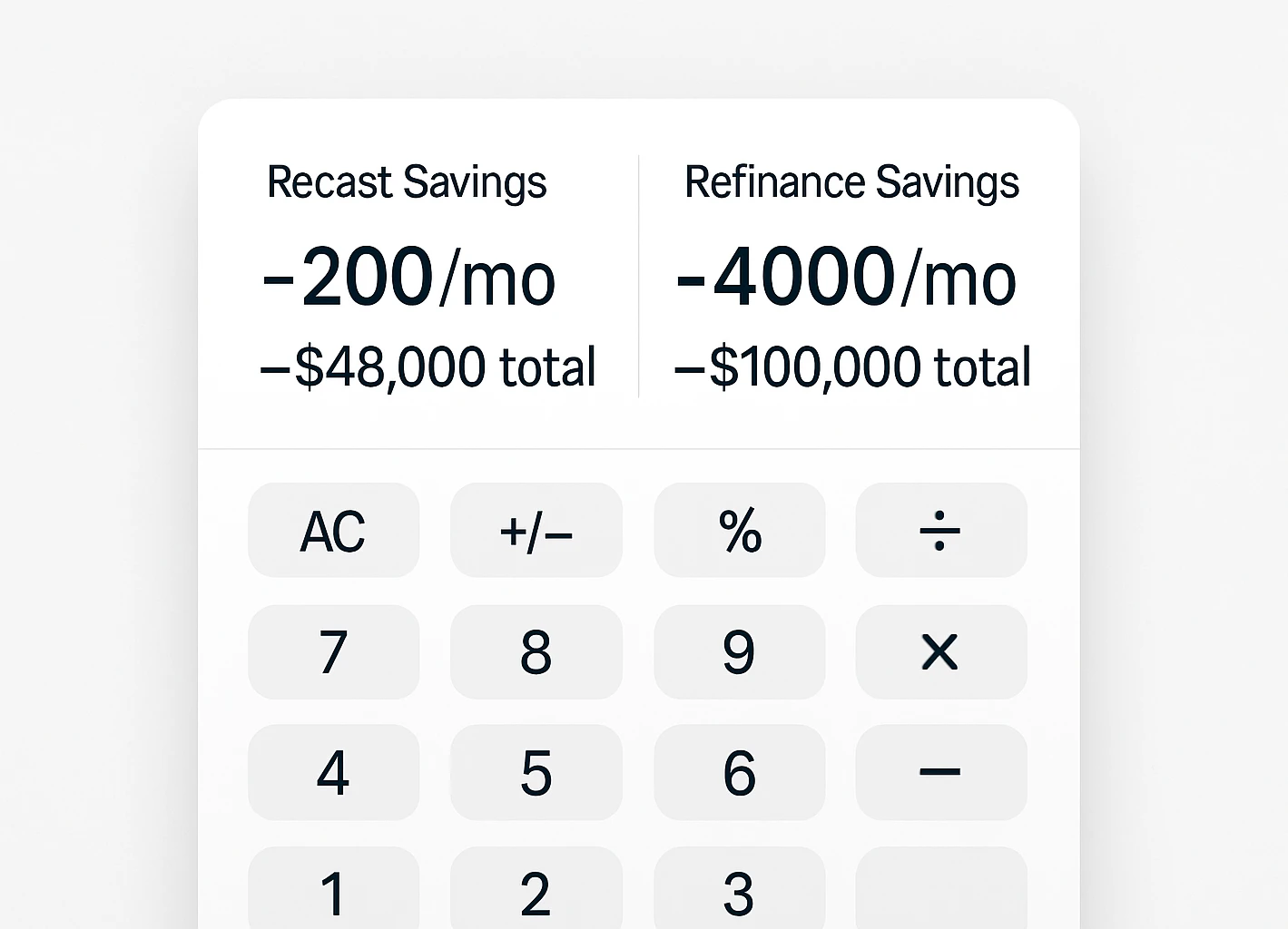 Calculator showing savings from mortgage recast vs refinance