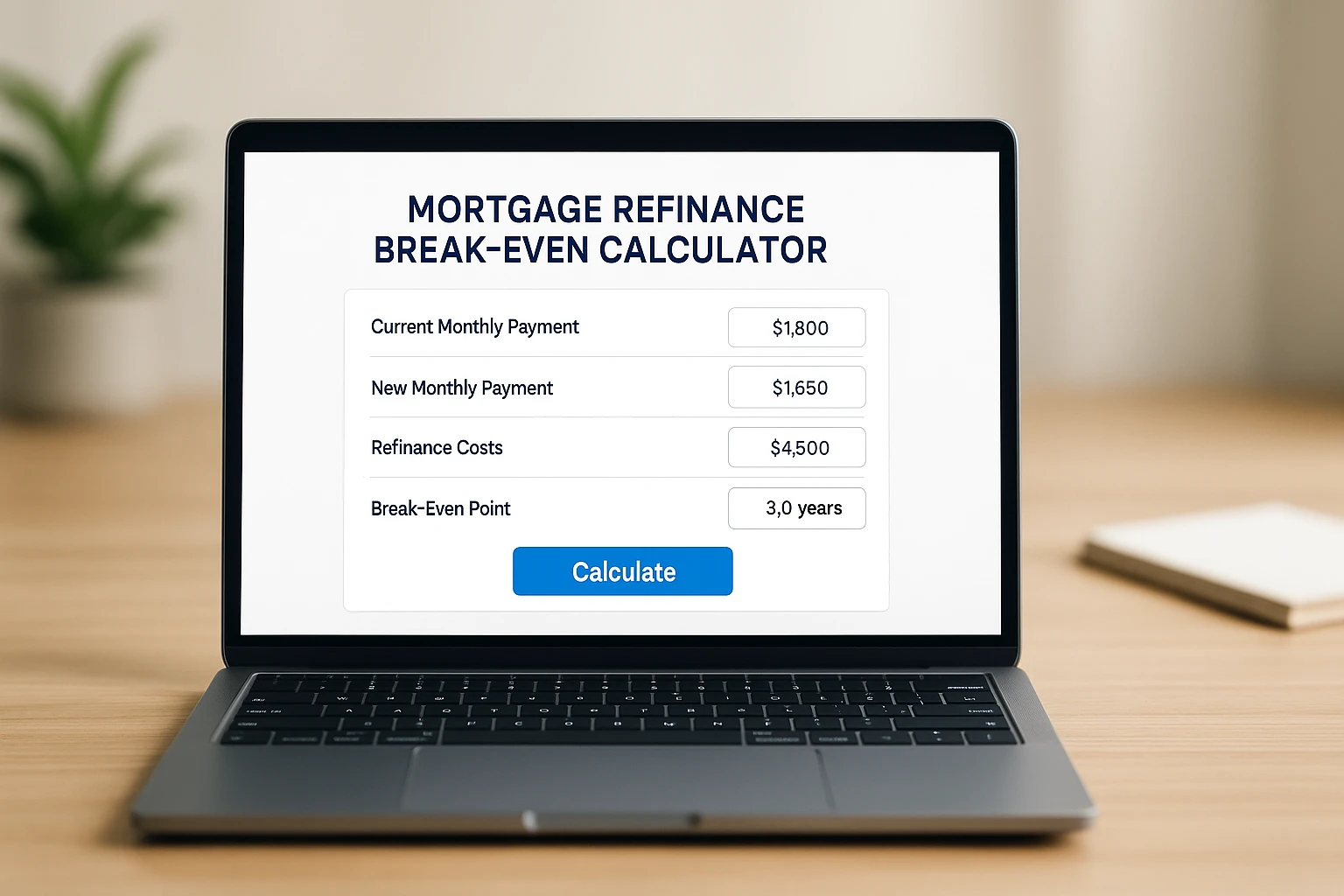 Mortgage refinance break even calculator interface on a laptop