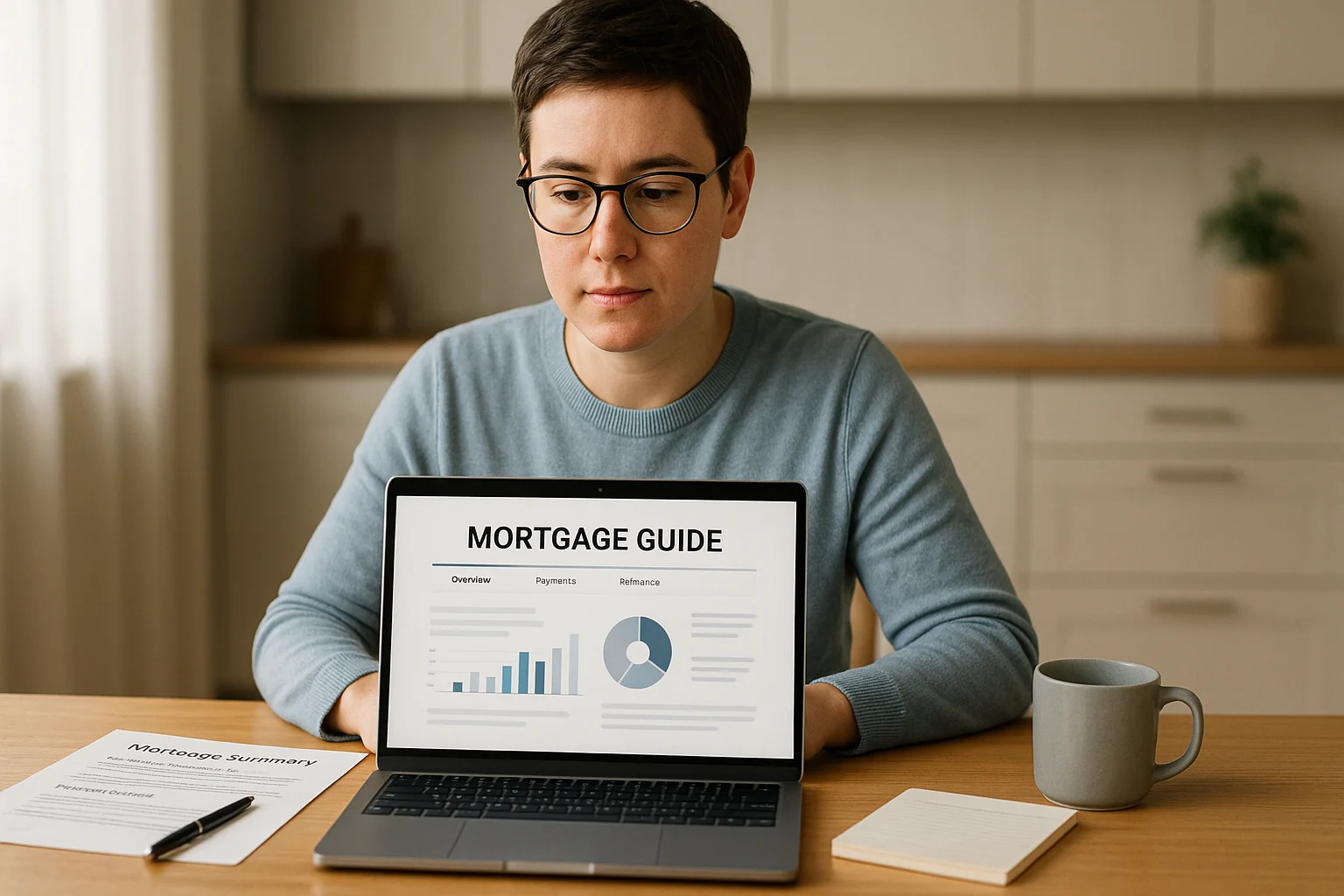 homeowner reading a mortgage guide on a laptop at a kitchen table, comparing loan terms and payments