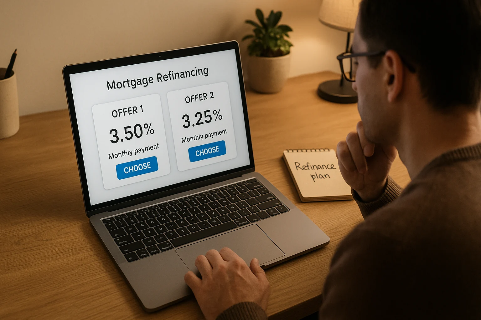 homeowner comparing two mortgage refinancing offers on a laptop screen with a refinance plan notebook