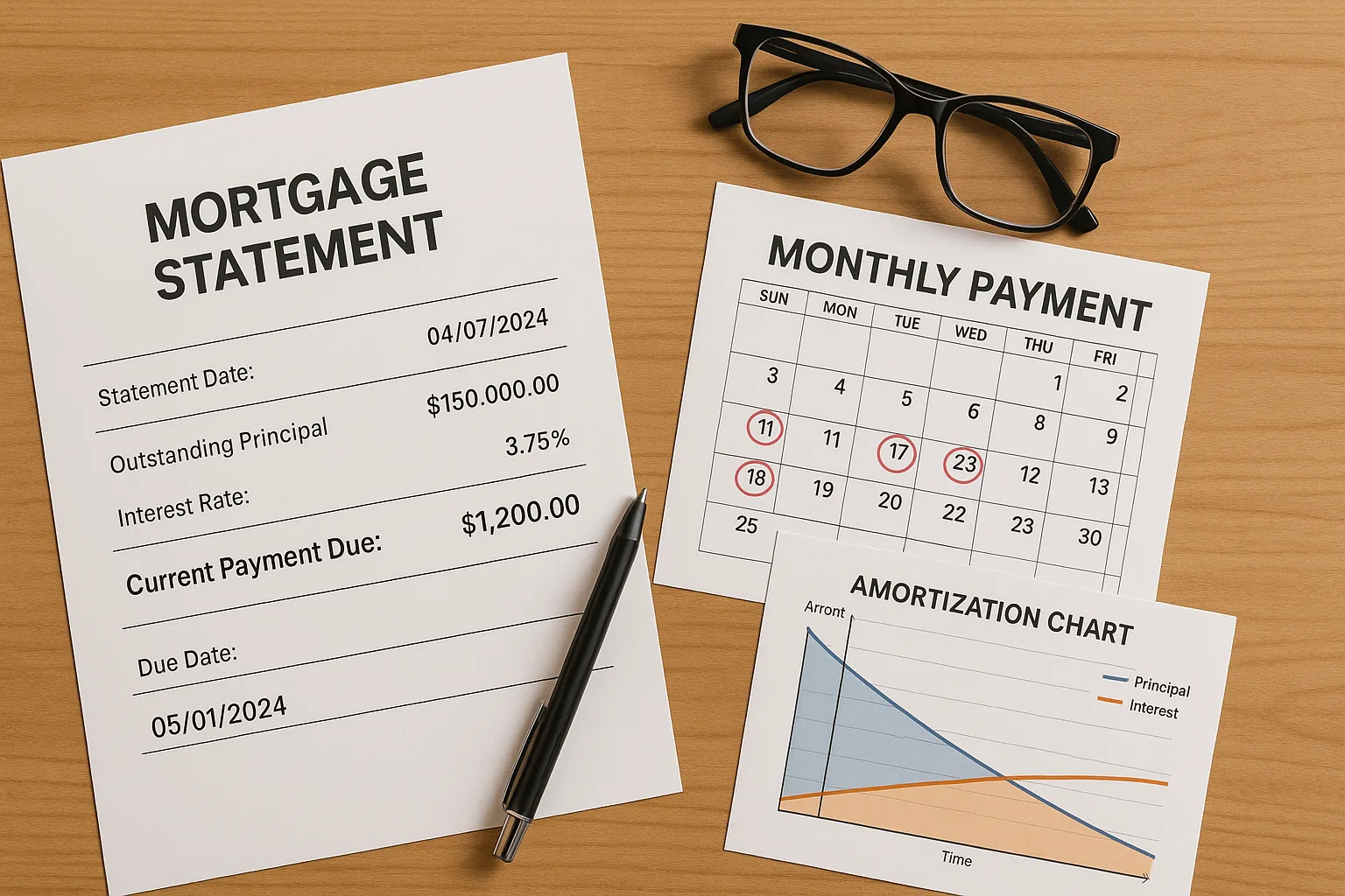 mortgage statement, monthly payment calendar, and amortization chart laid out on a wooden desk