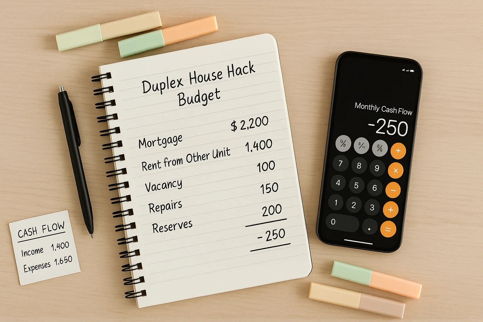 Notebook with duplex budget notes, colorful highlighters, and a simple rental cash flow calculator on a wooden table