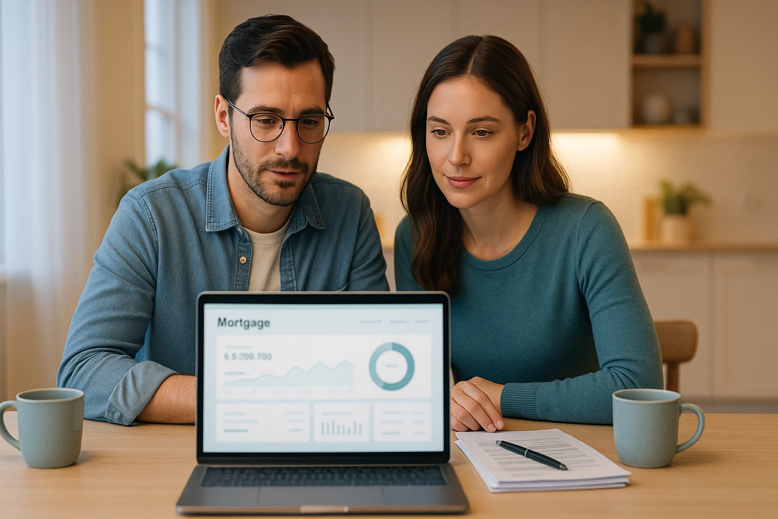 Young couple reviewing options for mortgage refinance without appraisal at a bright kitchen table, evening light, open laptop, paperwork and coffee cups