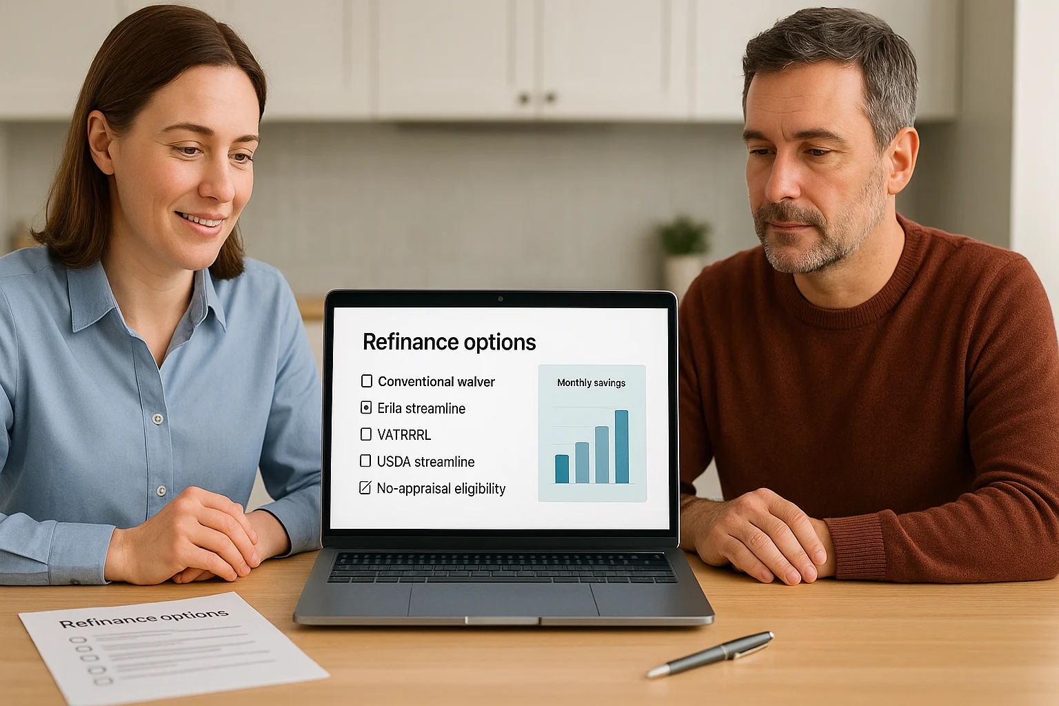Loan officer and homeowner sitting at a kitchen table comparing refinance scenarios on a laptop with a simple checklist and calm, reassuring mood