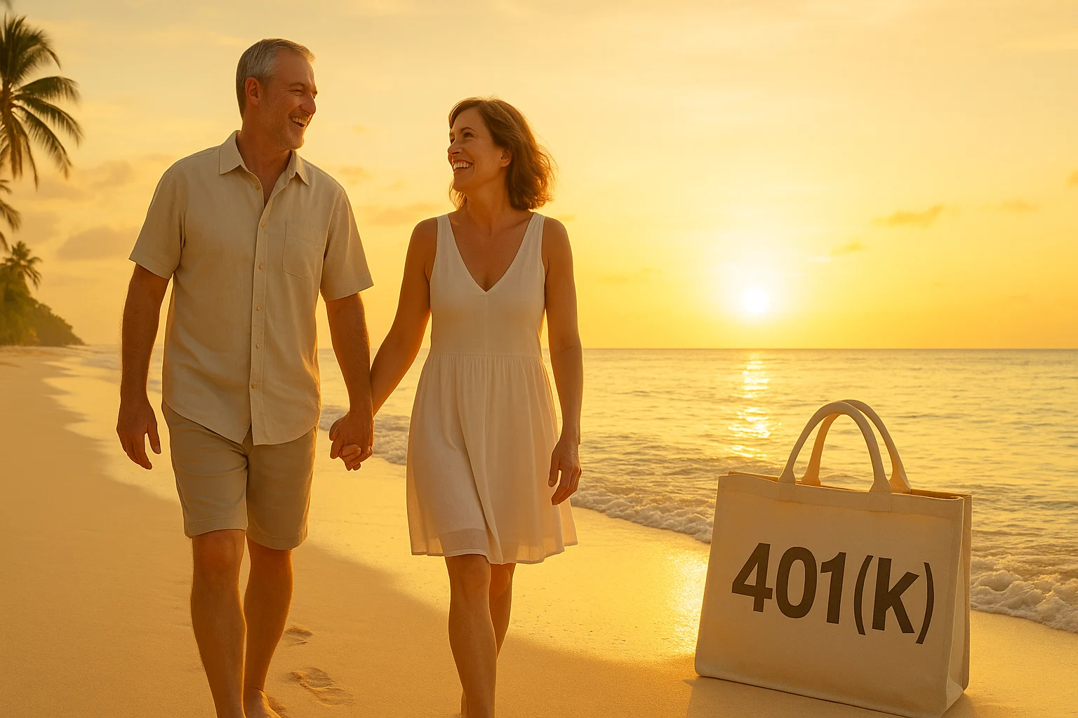 Sunset beach scene illustrating the early retirement rule of 55 with a 401k bank