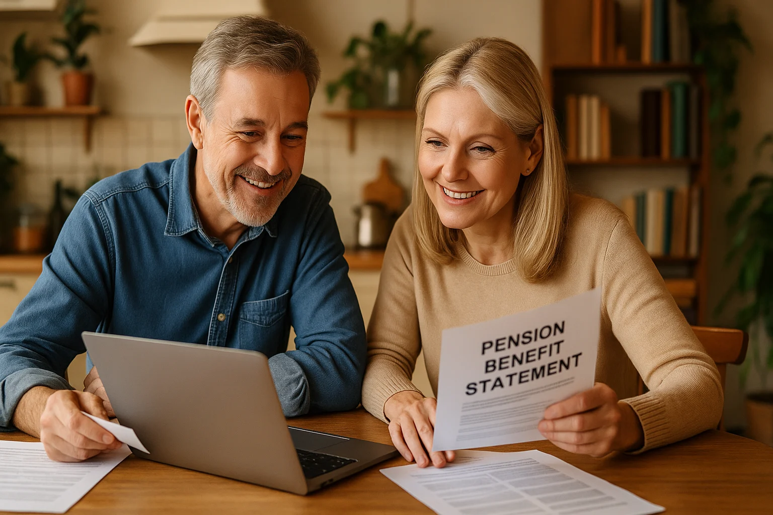 A couple reviewing finances for retiring at 55 with a pension at a home table