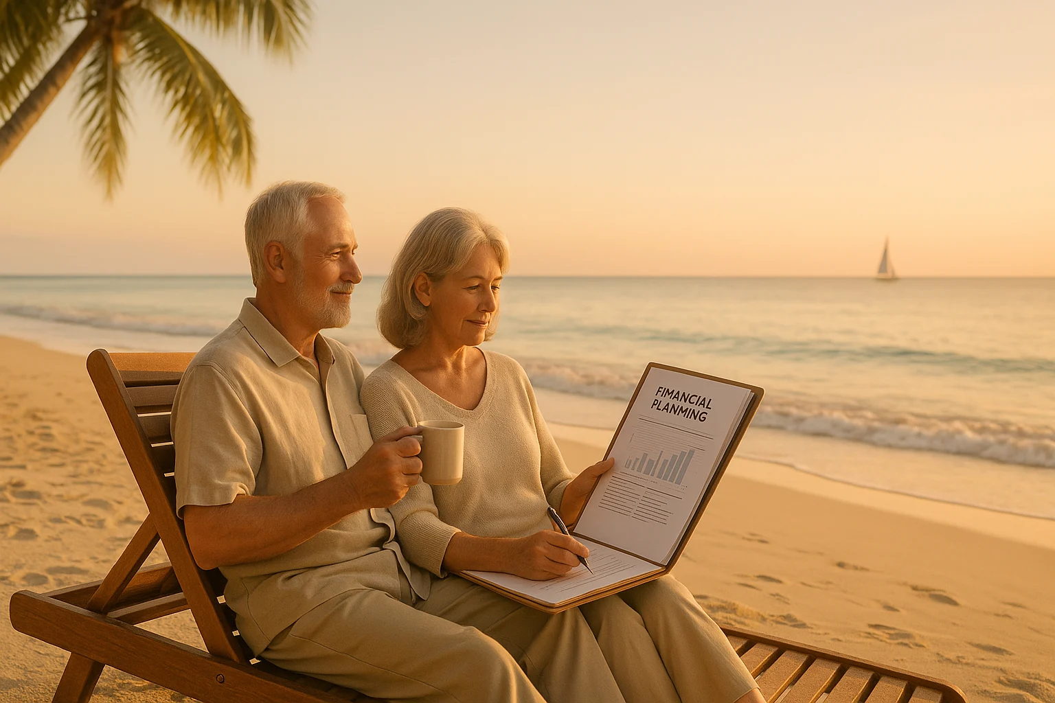 Couple planning retirement at 60 on a beach