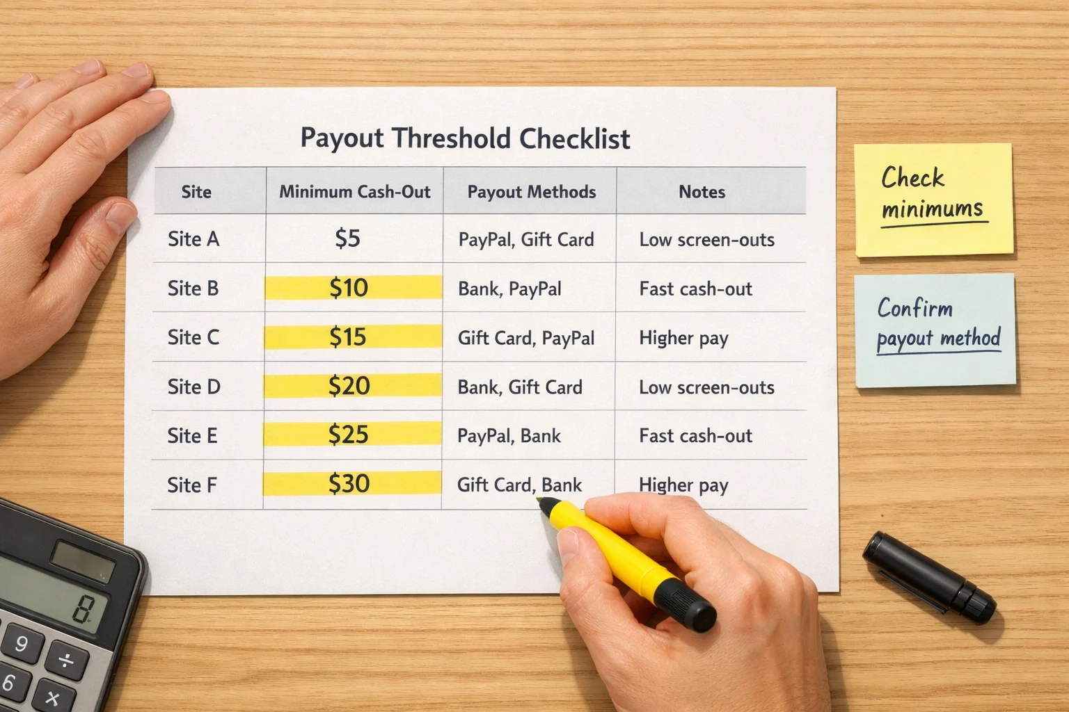 Hands highlighting cash-out minimums on a payout threshold checklist, sticky notes nearby, desk light, clean layout