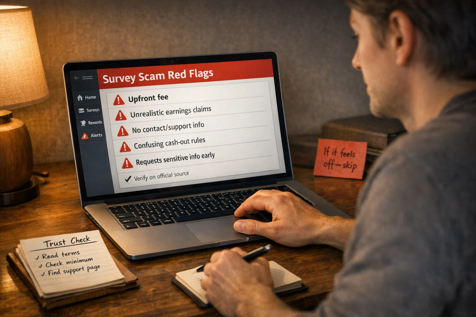 Person checking survey scam red flags on a laptop, warning icons on screen, dim lamp, taking notes for safety