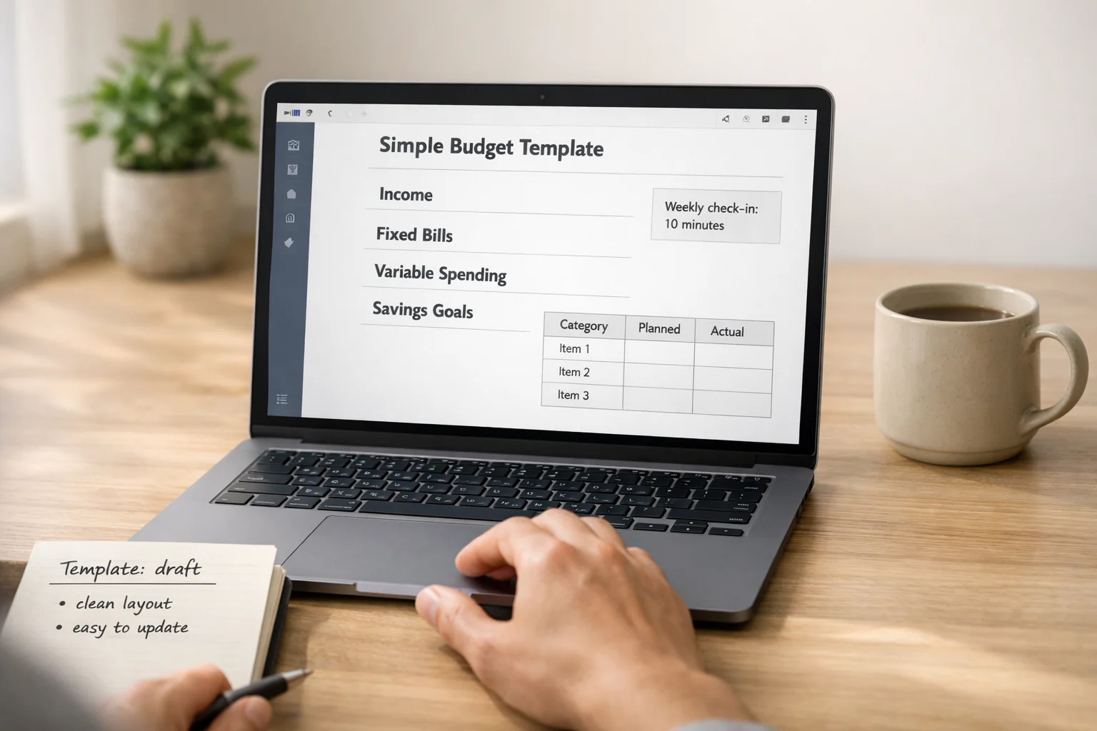 Hands editing a simple budget template on a laptop, coffee nearby, minimalist desk, bright daylight, focused mood