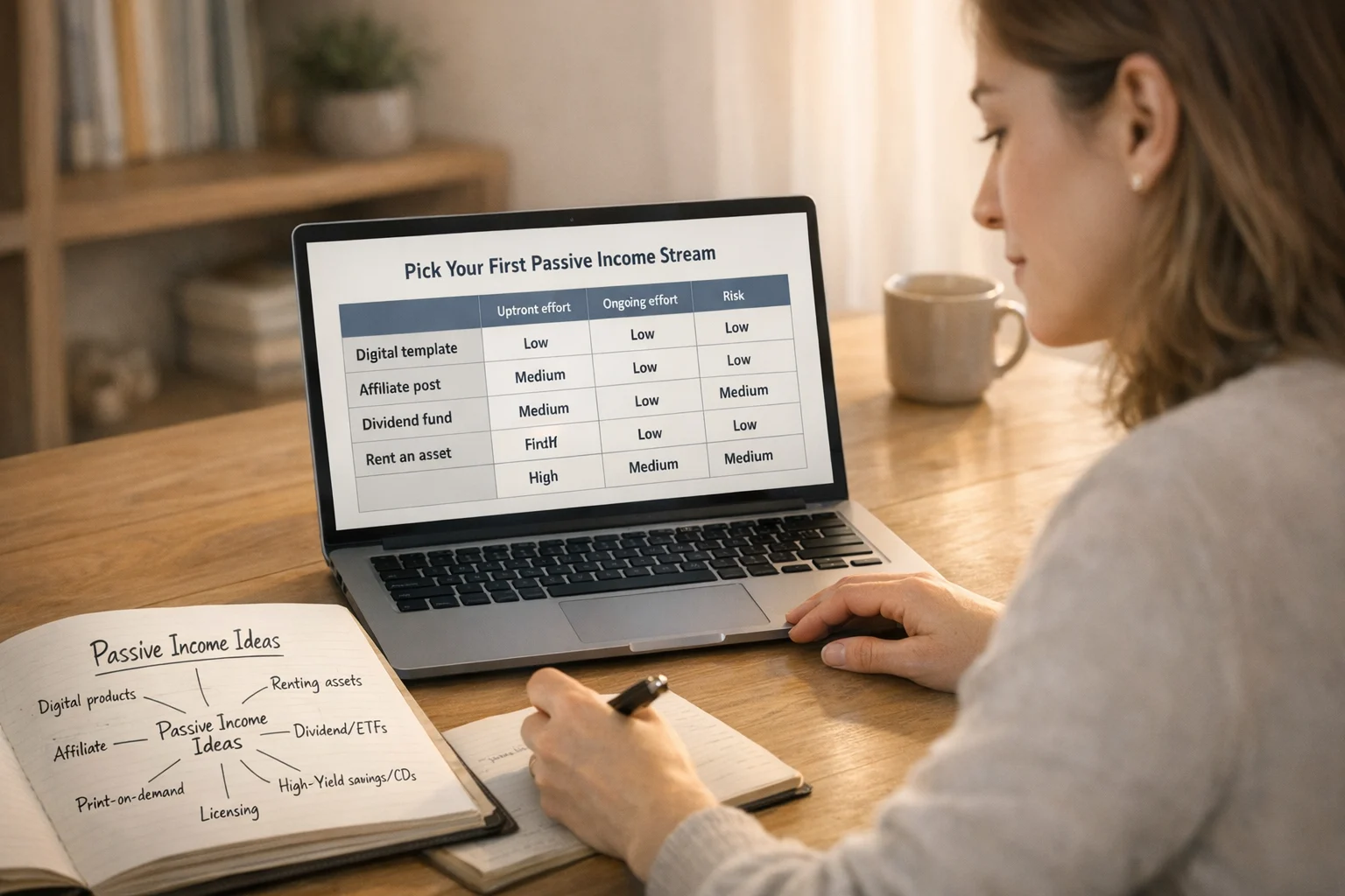 Woman planning passive income ideas on a laptop and notebook mind map, warm morning light, calm focus
