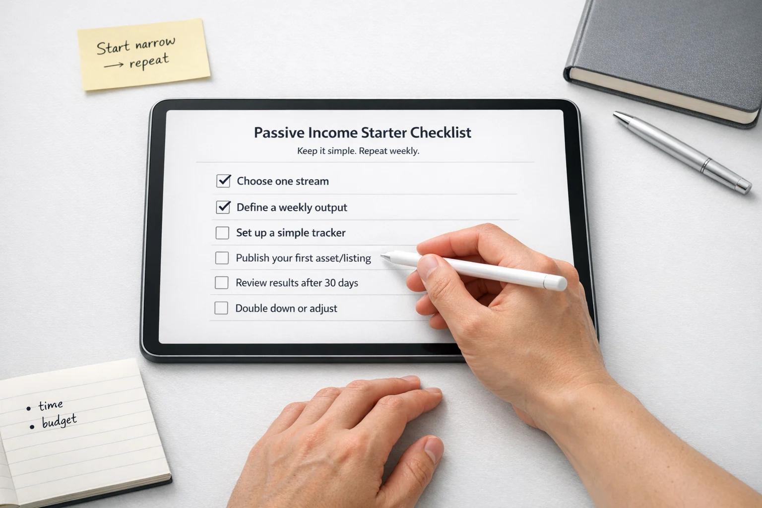 Hand checking a passive income starter checklist on a tablet, tidy white desk, simple tools, clear calm workflow