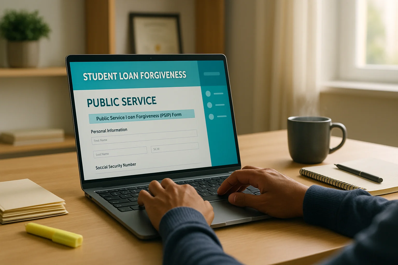 Person completing the PSLF form on a laptop, checking loan details and employment information before submitting.