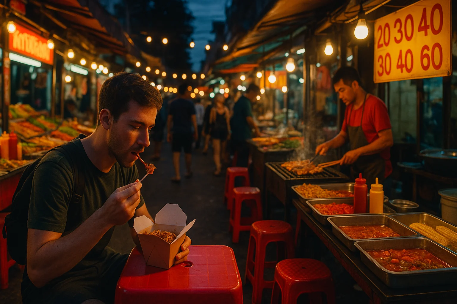 Vibrant street food market for budget travel 2025