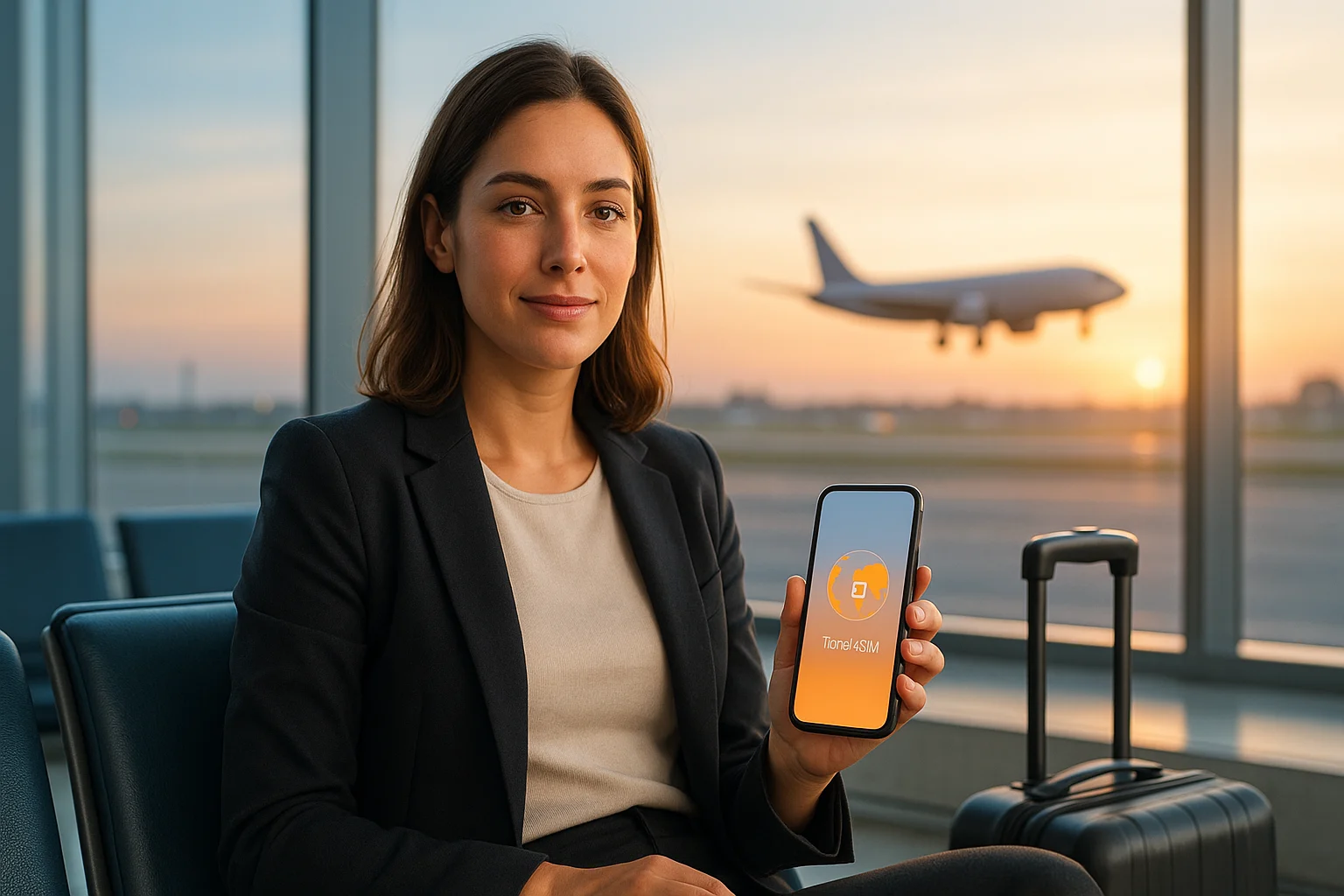 Business traveler at an airport gate checking an esimania review on her phone to avoid roaming fees.