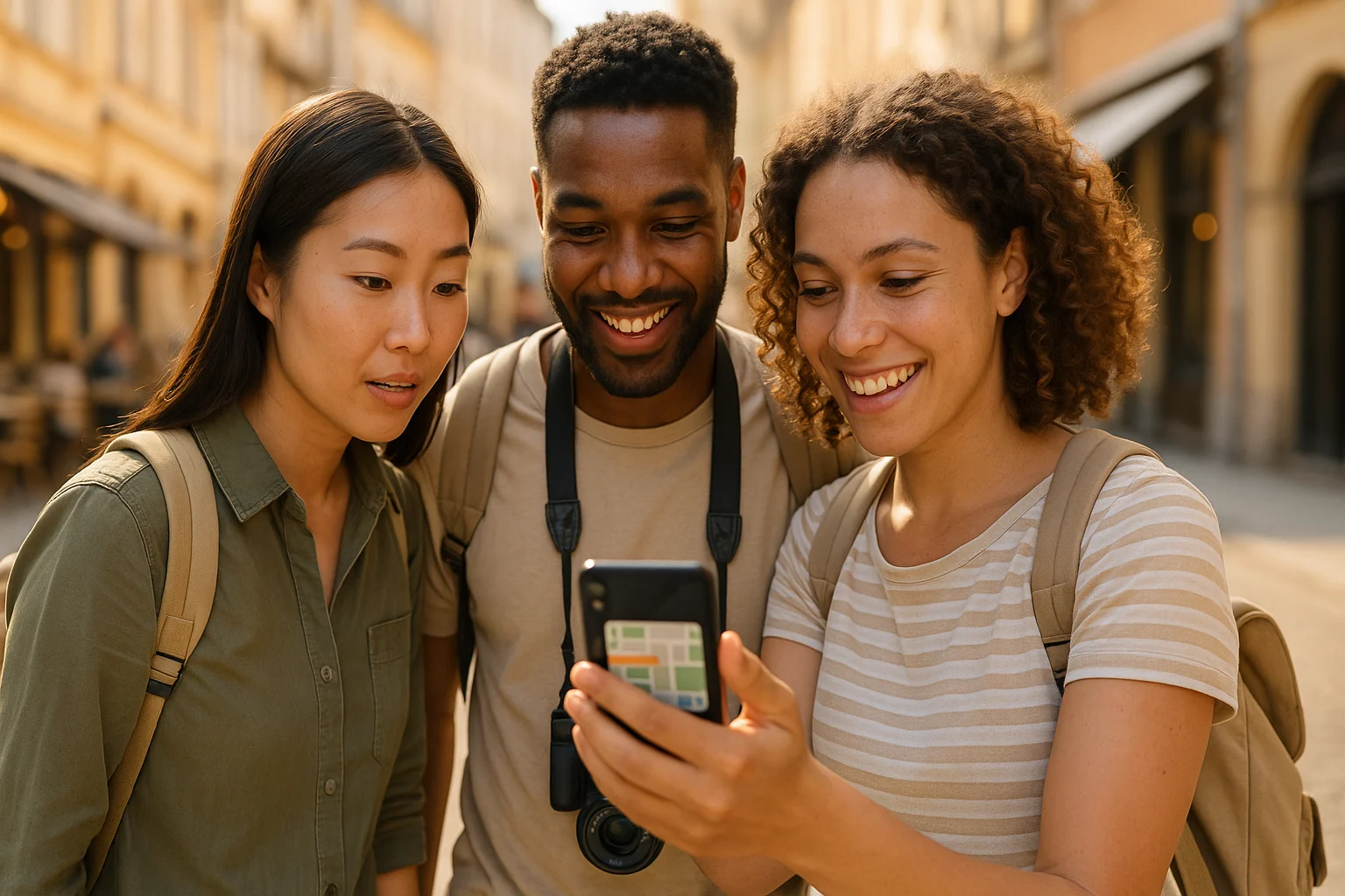 Three friends on a city street sharing a smartphone map while using a travel eSIM to stay online and avoid roaming fees.