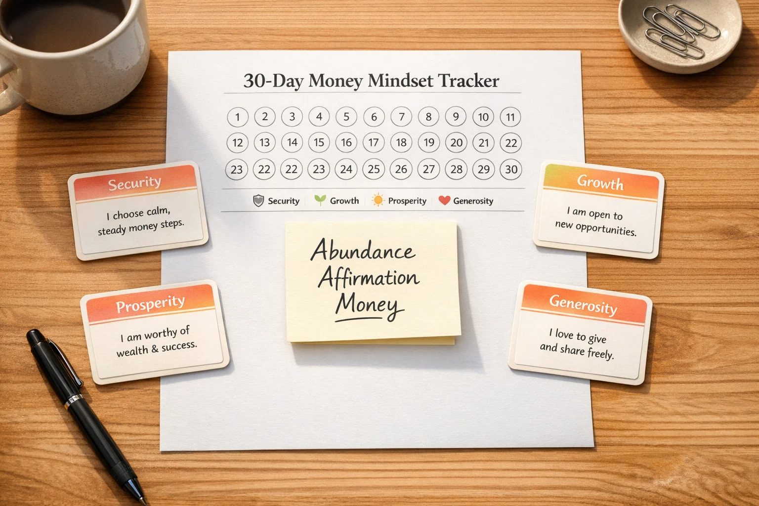30-day money mindset tracker sheet with four theme cards and an abundance affirmation money note on a tidy desk.