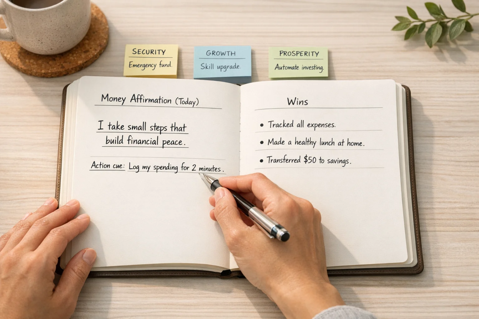 Hands writing a money affirmation in a notebook with theme sticky notes, soft daylight, clean minimalist desk.