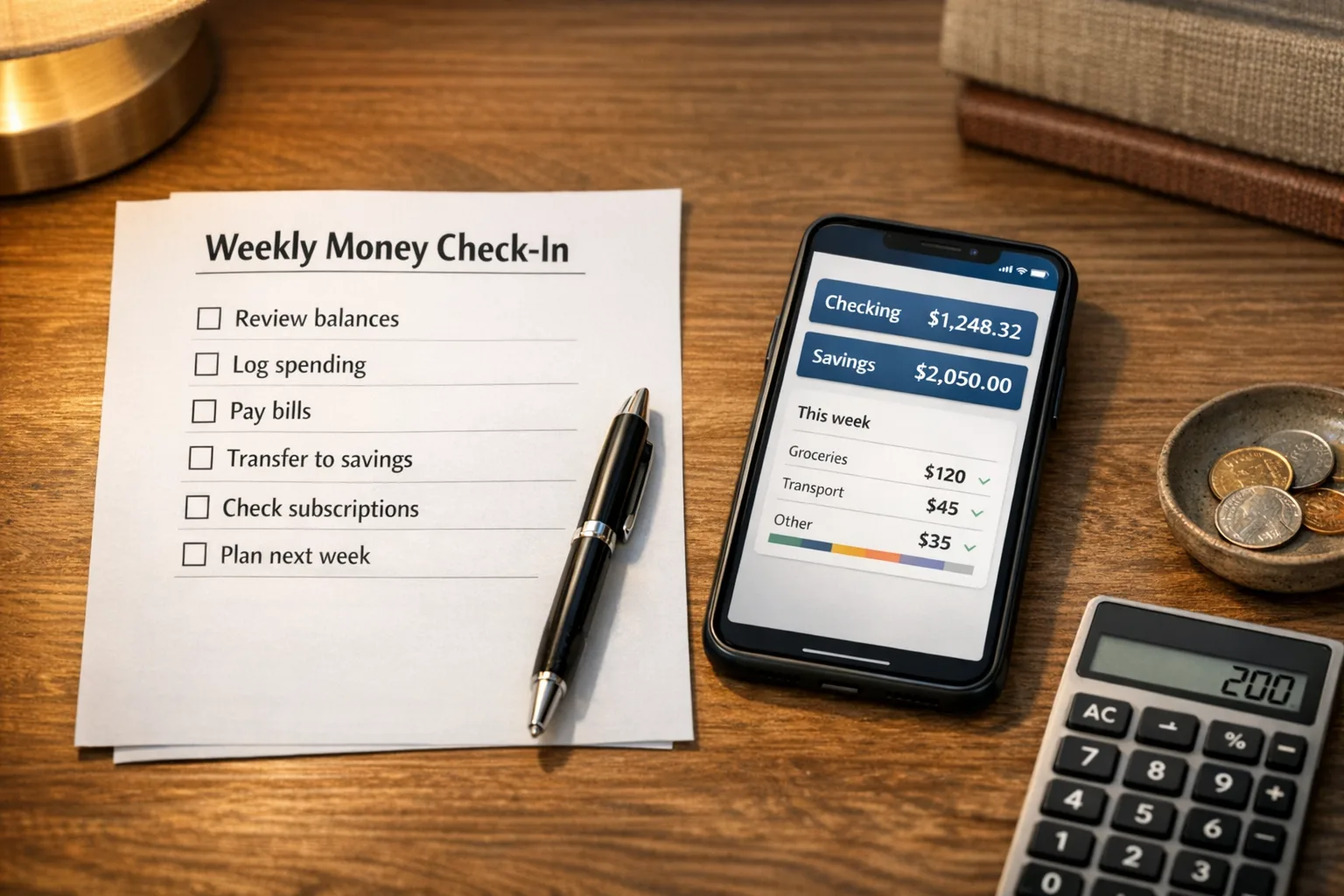 Weekly money check-in checklist beside a phone banking app and calculator on a warm wooden desk, focused mood.