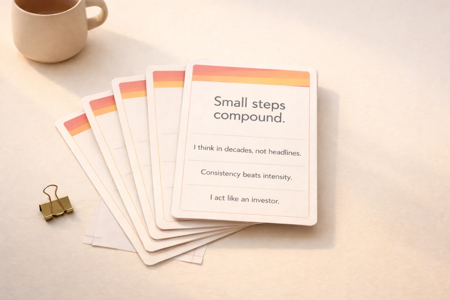 Printable FIRE affirmation cards on a desk with a coffee mug