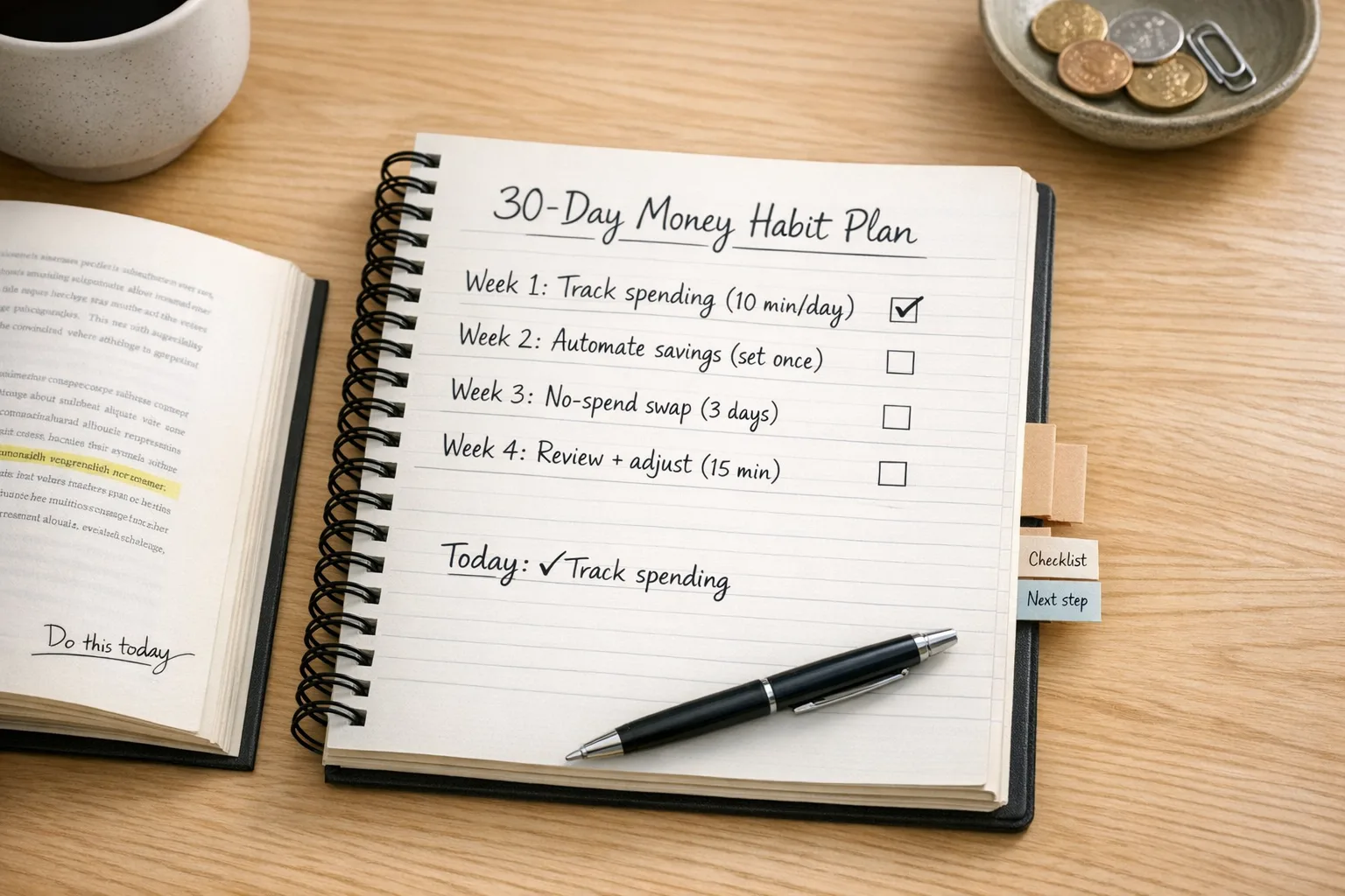 Notebook showing a 30-day money habit plan beside an open book, pen and coffee, bright morning light