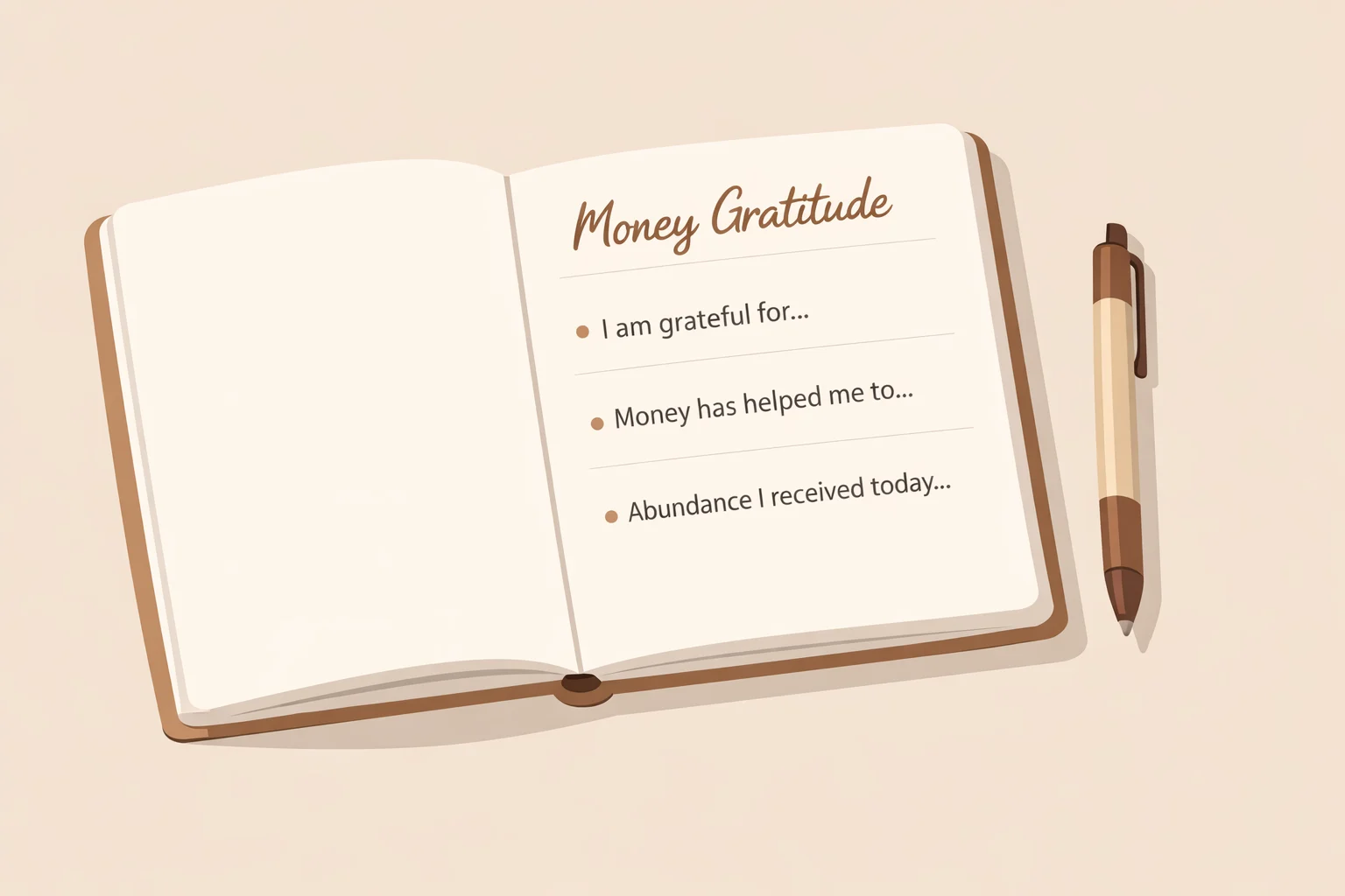 illustration of a money gratitude journal page titled 'Money Gratitude' with prompts and a pen